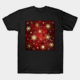 Golden Snowflakes on Red Background T-Shirt